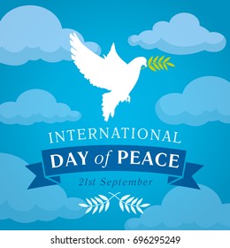 Peace dove with olive branch on sky for International Peace Day celebration card. International Day of Peace vector illustration