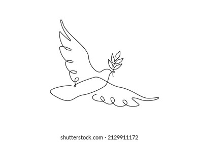 Peace dove with olive branch in One continuous line drawing. Bird and twig symbol of peace and freedom in simple linear style. Pigeon icon. Doodle vector illustration