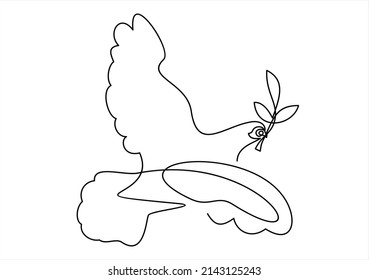 Peace Dove With Olive Branch In One Continuous Line Drawing. Bird And Twig Symbol Of Peace And Freedom In Simple Linear Style.