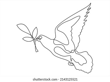 Peace dove with olive branch in One continuous line drawing. Bird and twig symbol of peace and freedom in simple linear style.