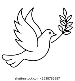 Peace dove with olive branch in One continuous line drawing. Bird and twig symbol of peace and freedom in simple linear style. Pigeon icon. Doodle vector illustration