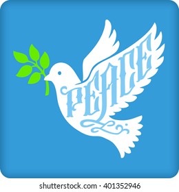 Peace dove with olive branch silhouette with lettering.