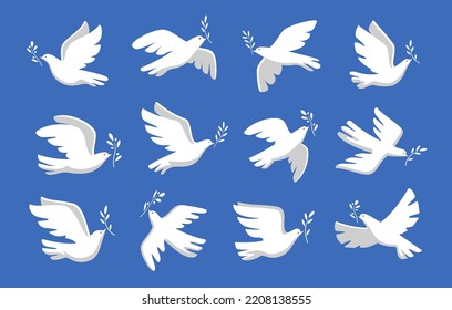 Peace dove with olive branch symbol. Bird and twig symbol of peace and freedom. Flying pigeon icon. Vector illustration