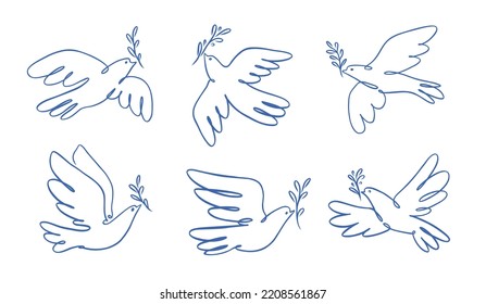 Peace dove with olive branch symbol. Bird symbol of peace and freedom in simple linear style. Doodle vector illustration