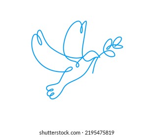 Peace dove with olive branch vector line art illustration isolated, flying bird symbol of peace and freedom, linear drawing.