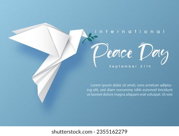 Peace dove in origami paper cut style on global with wording of the Peace Day, example texts on blue paper pattern background.
