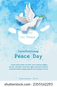 Peace Dove in paper cut style flying on white label in human hand shape and world map with wording of the Peace Day, example texts on blue watercolor background.