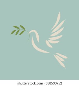 Peace dove silhouette with olive branch. Hand drawn vector illustration.