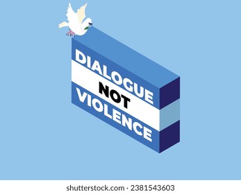 Peace dove symbol of piece with the text dialogue not violence - israel - palestine war isometric 3d vector concept for illustration, banner, website, landing page, flyer, etc.