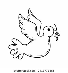 Peace dove with twig in its beak. Vector doodle illustration.