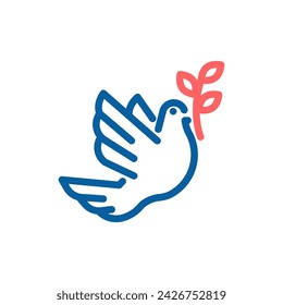 Peace Dove Vector Icon: Olive Branch in Beak, Thin Line Illustration for Harmony, Diplomacy and Global Unity.