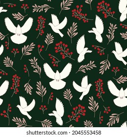 Peace doves, berries and leaves in dark Christmas colors. Fabric seamless pattern botanical print background design. Vector illustration. Surface pattern design. Great for clothing and home decor