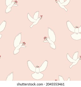 Peace doves with berry branches pattern repeat in pink background. Fabric seamless pattern botanical print background design. Vector illustration. Surface pattern design. Great for kids, clothing and