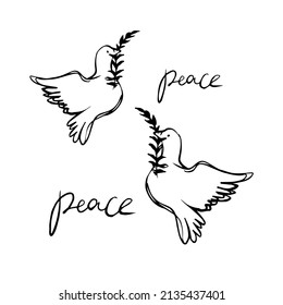 Palomas de paz con ilustración de ícono de rama de olivo en estilo dibujado a mano. Símbolo de paz para el producto de afiches