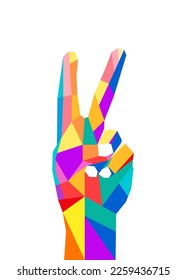 Peace finger hand symbol illustration vector hands up pop art, WPAP style geometric playful, fun, colorful editable