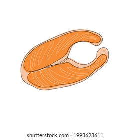 A peace of fish steak. Vector drawing of a salmon steak. One continuous line and coloured illustration of raw fish meat isolated on a white background. 