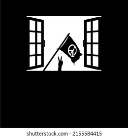 Peace Flag with Peace Sign Fingers Hand (the 'V' Sign) on the Window Silhouette. Symbolism of the Peace, Stop War, No War or War is Over. Vector Illustration