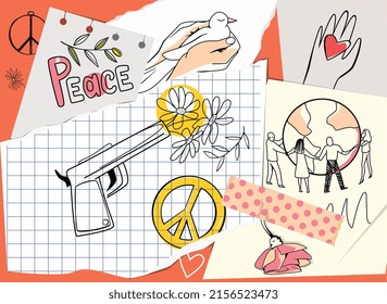 Friedliche flache, handgezeichnete Collage mit Taube in menschlichen Händen und Blume, die in den Lauf der Vektorgrafik eingesteckt ist
