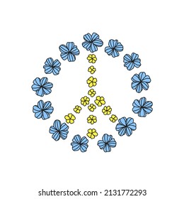 Peace floral sign with colored flowers in colors of Ukraine isolated on white background. Psychedelic symbol.