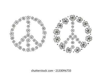 Peace floral sign with outline wildflowers and stars isolated on white background. Psychedelic symbol.