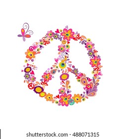 Peace flower symbol with abstract colorful flowers, mushrooms and butterfly