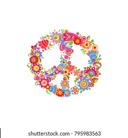 Peace flower symbol with funny colorful abstract flowers and paisley