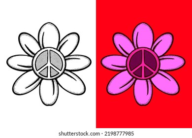 Peace flower symbol icon Illustration hand drawn cartoon vintage style vector