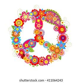 Peace flower symbol with poppies and paisley