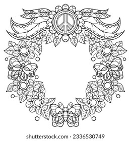 Peace flower wreath hand drawn for adult coloring book