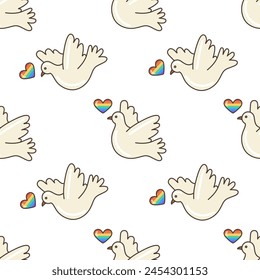 Peace flying dove with LGBT colored heart, seamless pattern. Illustration in cartoon style. 70s retro clipart vector design.