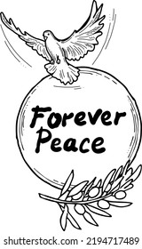Peace frame border with doves and olive branch. Symbol of peace in the world, hope, faith, love. Bridal decorative element template. Hand drawn vintage style illustration. White line vector drawing.