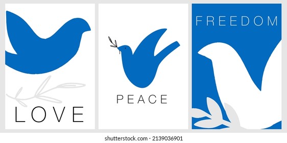 Peace and freedom concept. Pigeon bird holding olive branch, dove paper cut style silhouettes in blue and white colors with simple text. Abstract banner background template set with copy space.