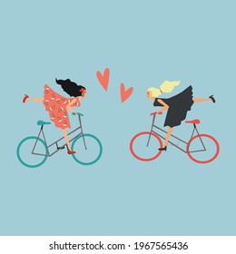 Peace and friendship concept. Vector illustration of two happy stylish friends girls riding bikes 