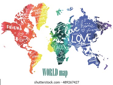 Paz, amistad y amor. Carteles, postales, impresos en un pantalones T. Mapa del mundo con manchas de color agua y palabras. Corazones, estrellas, patrones.