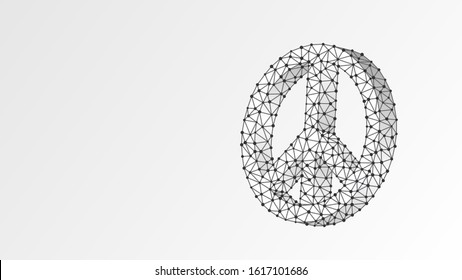 Peace, friendship, pacifism, hippie symbol. Abstract digital wireframe, low poly mesh, vector white origami 3d illustration. Freedom without war, love emblem. Triangle, line, dot