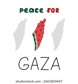 Peace for Gaza poster with lettering and watermelon slice in the shape of map of Gaza and Israel. Symbol of Palestinian resistance. Support Palestine banner with simple hand drawn clipart