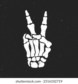 Peace gesture, bone hand. Vector clip art illustration and grunge texture.