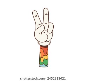 Peace gesture, cartoon retro hippie groovy symbol, signifies harmony and non-violence, promoting love and unity during the 1960s counterculture movement. Vector hand with raised fingers showing V sign