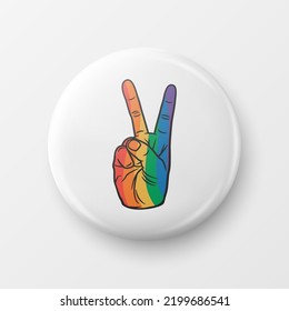 Peace Gesture with LGBT Flag. Button Pin Badge for Pride Month Celebrate Concept. Lgbt Rainbow Colored Hand. Transgender, Gays, Lesbians, Fight for Human Rights Sign