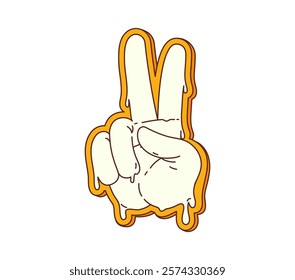 Peace gesture or retro hippie groovy victory sign in 60s art, vector symbol. Groovy peace sign or V fingers in psychedelic melting line for love and peace emoji and retro hippie positive vibe symbol