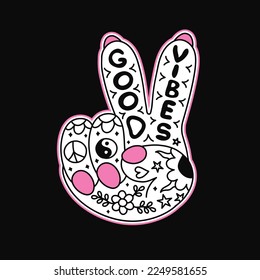 Peace gesture t-shirt print design. Vector retro vintage cartoon character illustration. Funny hippie hand,flower,good vibes slogan print for t-shirt,poster,sticker,logo art concept