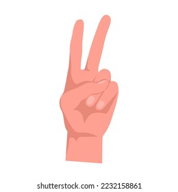 Peace gesture two fingers up. Hand gestures cartoon vector illustration. Human palm with finger, showing numbers, direction, symbol and sign. Gesturing concept