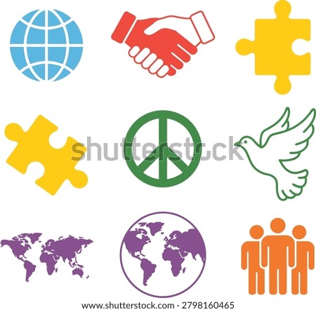 Peace, globe, handshake, puzzle pieces, dove, diversity, unity, collaboration.