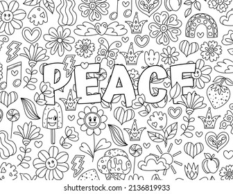 Peace. Good Vibes. Positive, Groovy Hand drawn coloring pages for kids and adults. Beautiful drawings with patterns. Motivational quotes. Coloring book pictures with blooming flowers, smiles