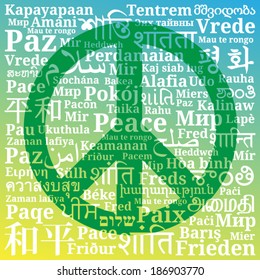 Peace green sign consisting of the phrases "Peace" in different languages of the world on blue green and yellow gradient background