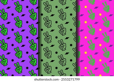 Peace Hand Alien buntes Muster auf violettem, grünem, rosafarbenem Hintergrund gesetzt. doodle fremde Hand Frieden Umrisssymbol nahtloses Muster Hintergrund. lustige Alien Hand nahtlose Muster für Dekor und Merchandise