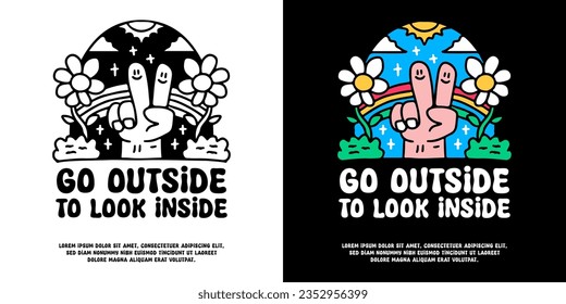 Peace hand and beauty nature landscape with go outside to look inside typography, illustration for logo, t-shirt, sticker, or apparel merchandise. With doodle, retro, groovy, and cartoon style.