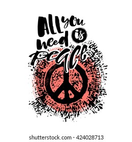 Peace hand drawn linotype made symbol. Concept hand lettering motivation poster. Artistic modern brush calligraphy design for a logo, greeting cards, 
invitations, posters, banners, t-shorts.