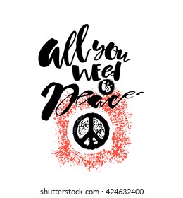 Peace hand drawn linotype made symbol. Concept hand lettering motivation poster. Artistic modern brush calligraphy design for a logo, greeting cards, invitations.