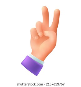 Peace hand gesture 3d cartoon style icon on white background. Hand making victory or salute sign flat vector illustration. Expression, gesturing, greeting concept